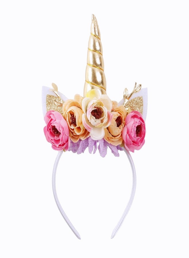 Nishine Girls Glitter Unicorn Horn Headband Camellia Pony Head Band Flower Hair Band Tiara for Party Birthday Gift (Gold&Pink) - Image 1